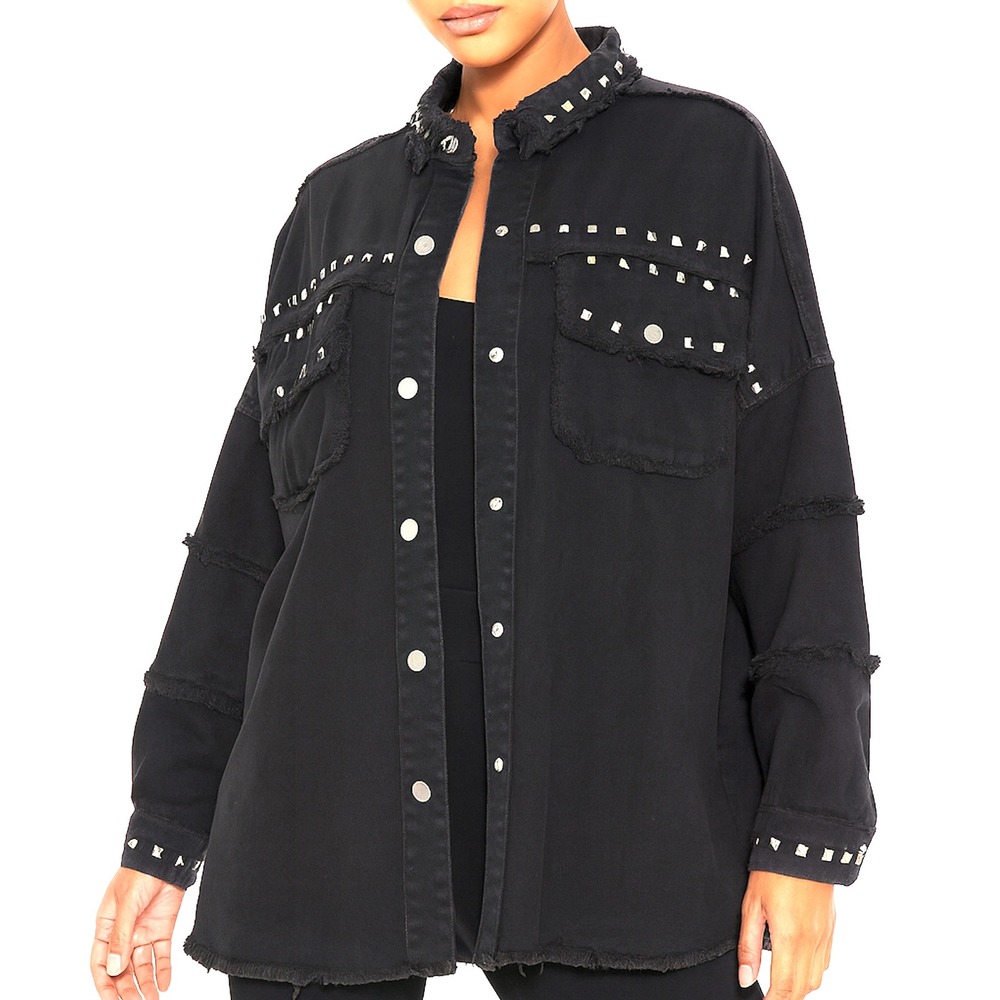 Fantastic Fawn Womens Denim Jacket S Black Goth Indie Grunge Metal Studs Raw Hem